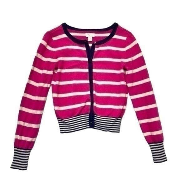 Pink Cropped Striped Knit Sweater Cardigan 10-12 button down girls Size Large - Picture 1 of 7